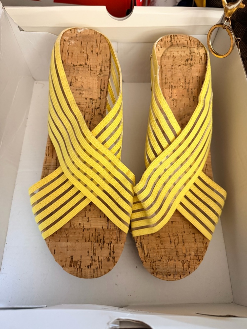 Cato Yellow Striped Crisscross Cork Slide Sandals